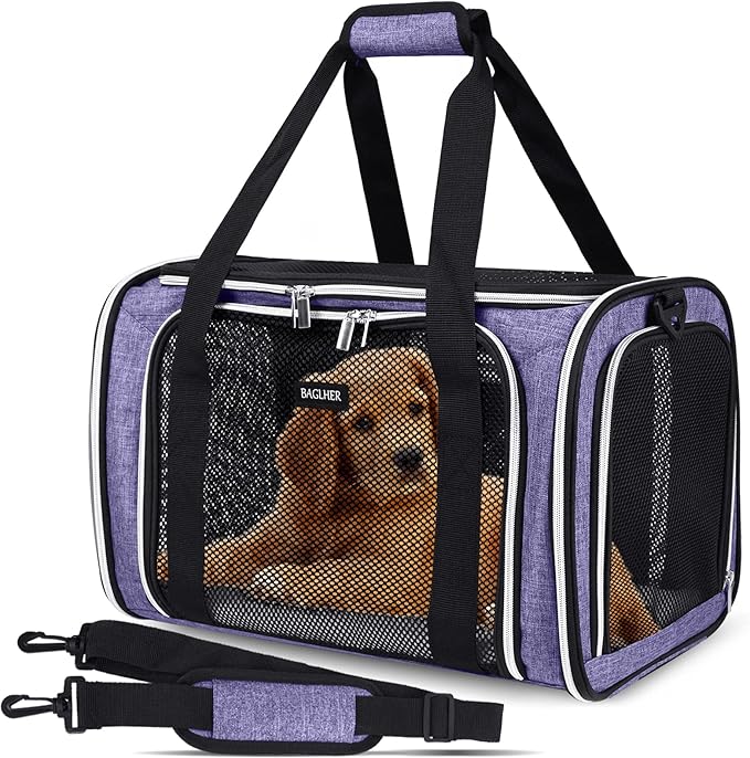 BAGLHER Pet Travel Carrier, Cat Carriers Dog Carrier for Small Medium Cats Dogs Puppies, Airline Approved Small Dog Carrier Soft Sided, Collapsible Puppy Carrier. Purple