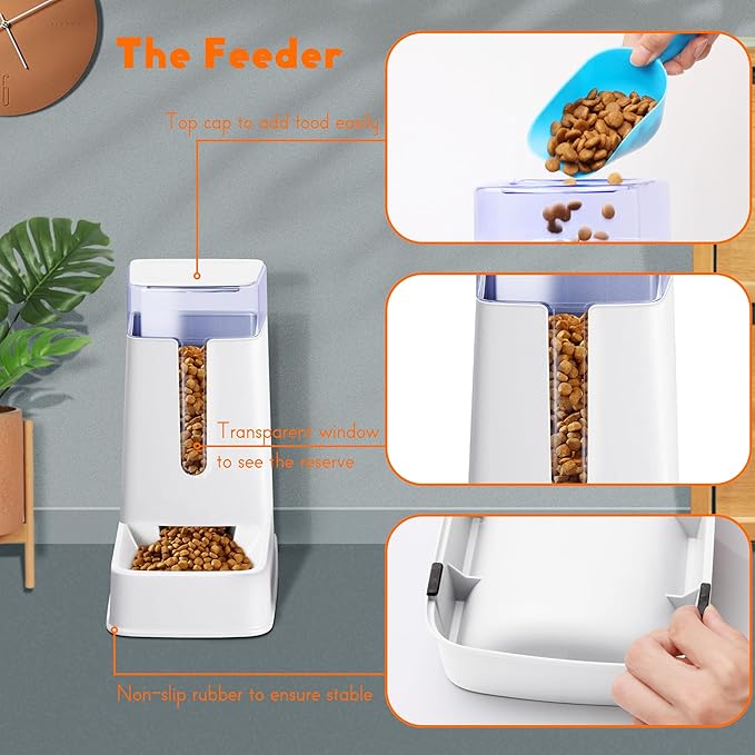 2 Packs Automatic Cat Feeder and Waterer, Gravity Dog Food and Water Dispenser Set for Small Medium Big Pets Cats Dogs Puppy Kitten, 1 Gallon x 2