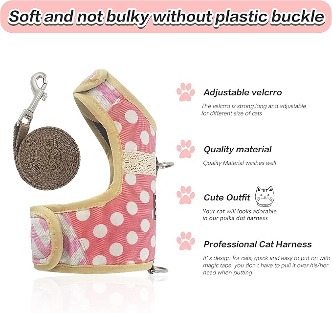 Cat Harness and Leash for Walking Escape Proof, Adjustable Cat Vest Harness, Padded Stylish Cat Walking Jackets, Polka Dot Pink, Medium