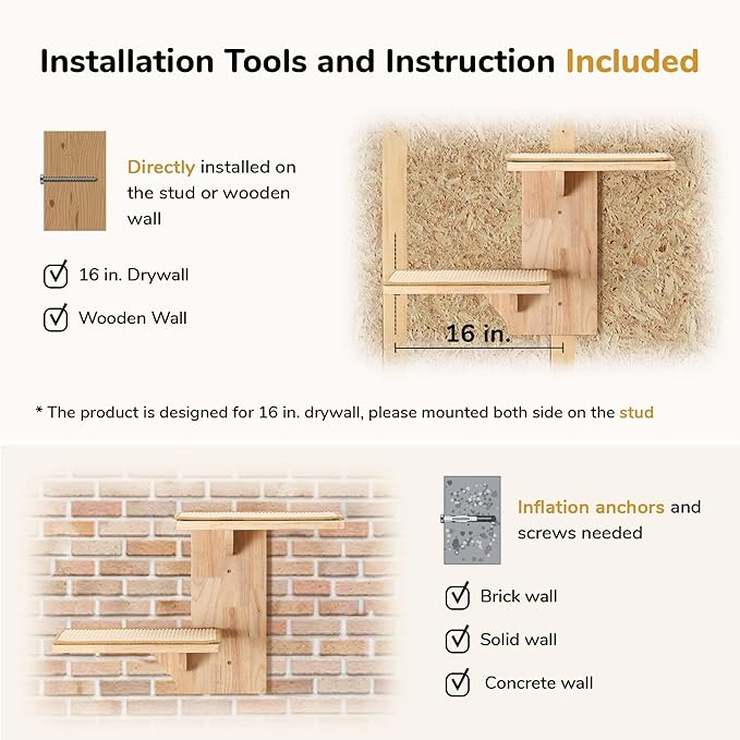 FUKUMARU Cat Wall Shelves, 2 Platform Cat Wall Furniture, Tree Shape Wall-Mounted Cat Floating Shelf with Sisal Mat, Solid Rubber Wood Cat Perch for 16 Inch Drywall, Suitable for Climb, Play, Nap