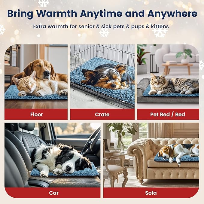 Miguel Self Warming Large Dog Bed 42 x 28 inch Self Heating Dog Pad Extra Warm Thermal Crate Mat with Removable Washable Sherpa Cover Non-Slip Cat Pet Mattress for Sleeping (Blue,XL)