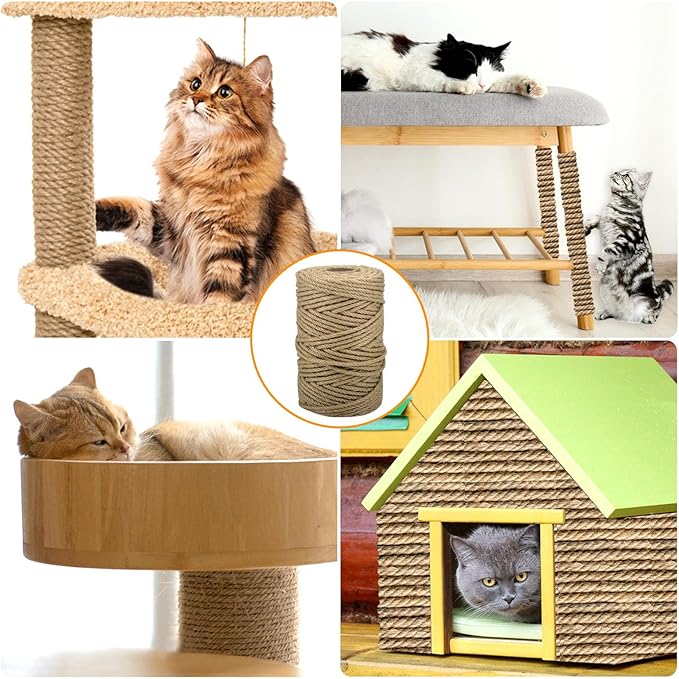 Jute Rope for Cat Scratch Post 1/6" mm Diameter 328 FT Cat Natural Hemp Rope Cat Tower Repair Rope Cat Tree Rope Replacement Recovering and DIY