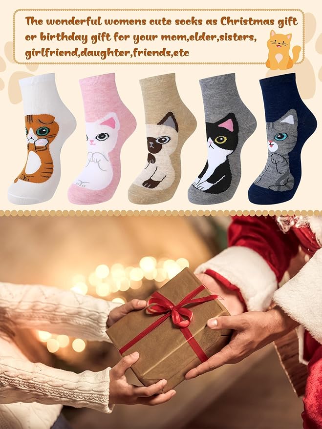 5 Pairs Women Cat Socks Cute Animal Pattern Socks for Women Funny Kitty Ankle Sock Ladies Soft Cotton Gift Socks