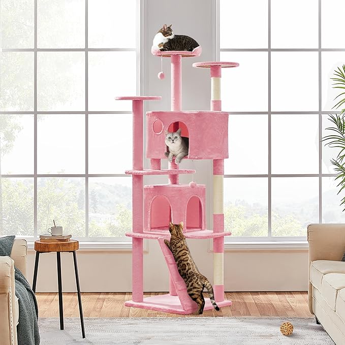 Yaheetech XL Cat Tree, 80in Multi-Level Cat Tower w/Cat Scratching Posts, Double Cat Condo, Perched Platforms and Dangling Balls, Cat Activity Center for Kittens Pets, Pink