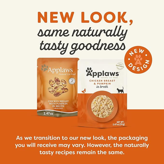 Applaws Natural Wet Cat Food, 12 Count, Limited Ingredient Wet Cat Food Pouches, Chicken Breast with Pumpkin in Broth, 2.47oz Pouches