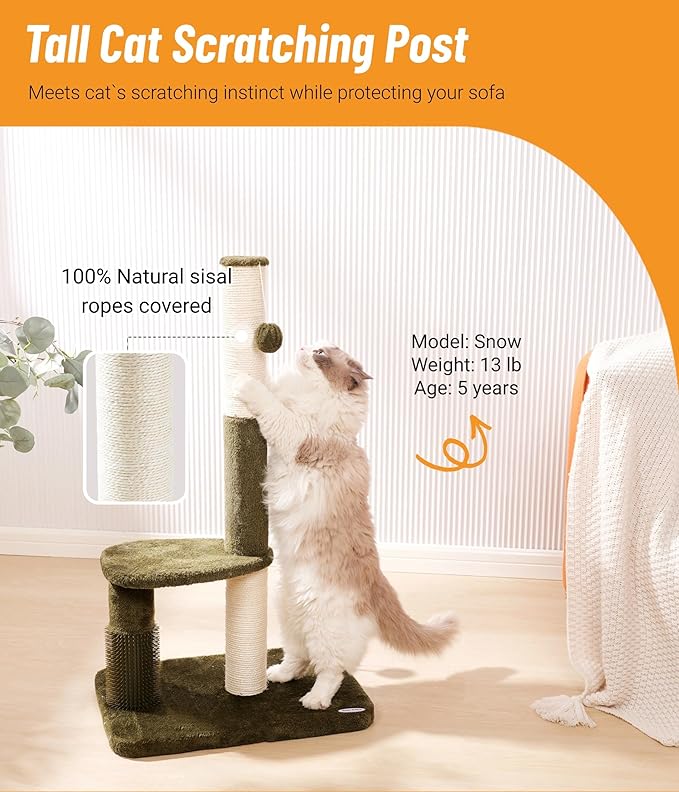 Happi N Pets 34“ Tall Cat Scratching Post for Big Cats, Natural Sisal Cat Scratchers for Indoor Cats, Heavy Duty Cat Stands Featuring with Cat Self Groomer and Hanging Toys, Free Catnip-Green