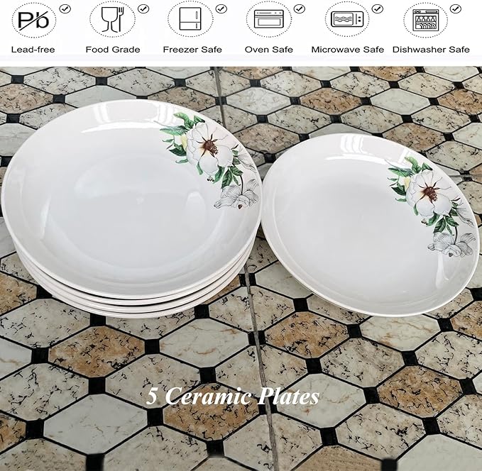 5 Pack Ceramic Plates with Lotus Pattern, 7.12 inch Large Dessert Salad Porcelain Dinner Plates, Ceramic Dessert Dishes for Steak, Pasta, Pizza, Appetizer ( Dishwasher & Microwave Safe Dinnerware)