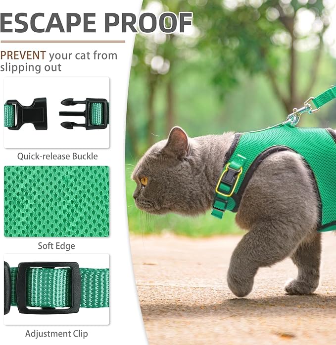 PUPTECK Soft Mesh Cat Vest Harness and Leash Set Puppy Padded Pet Harnesses Escape Proof for Cats Small Dogs Rabbits Bunny, Deep Green Medium