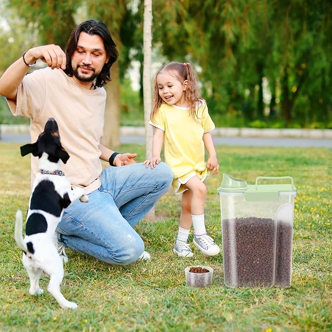 5-10LBS Dog Storage Container with Large Nozzle Design, 4 Safety Buckles, Double-Layer Sealing Strips and a Handle and Measuring Cup is Easy to Clean and Does BPA-free.
