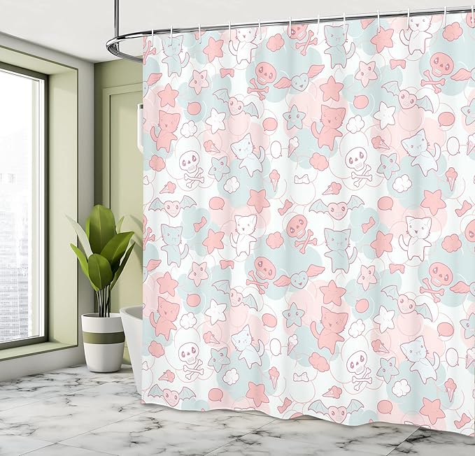 Ambesonne Cartoon Shower Curtain, Styled Cats Bats and Skulls Japanese Inspired Kawaii Design, Cloth Fabric Bathroom Decor Set with Hooks, 69" W x 75" L, Light Pink