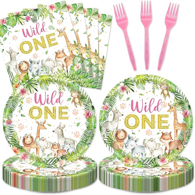 48Pcs Wild One Birthday Decorations Jungle Safari Theme Tableware Set Wild Animals Disposable Plates Napkins Forks Serves 16 Safari Baby Shower Decorations