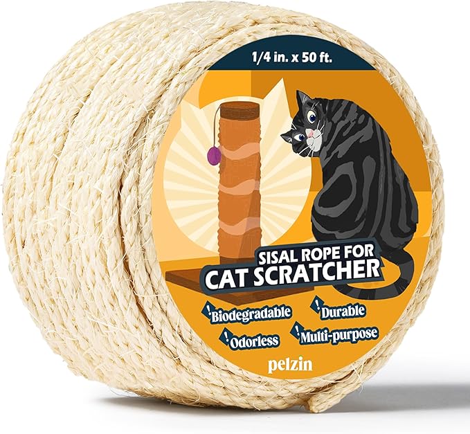 Natural Sisal Rope for Cat Scratcher 1/4 Inch by 50 Feet, Cat Tree Rope Twine for Cat Scratching Post Replacement, Cat Tower with Scratch Post Repairing, Replace, Recovering and DIY, White