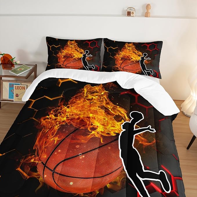 Basketball Bedding King Size,Black Honeycomb Background Comforter Flame Basketball Print Bedding Set for Boys Girls Bedroom Decor,Slam Dunk Sports Themed Sets Comforter with 2 Pillowcases.