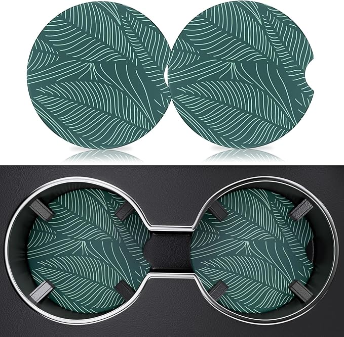 2 Pack Car Cup Holder Coasters, 2.63 inch Anti Slip Insert Absorbent Ceramic Coasters with Cork Base and Finger Notch, Cute Car Accessories Interior for Women