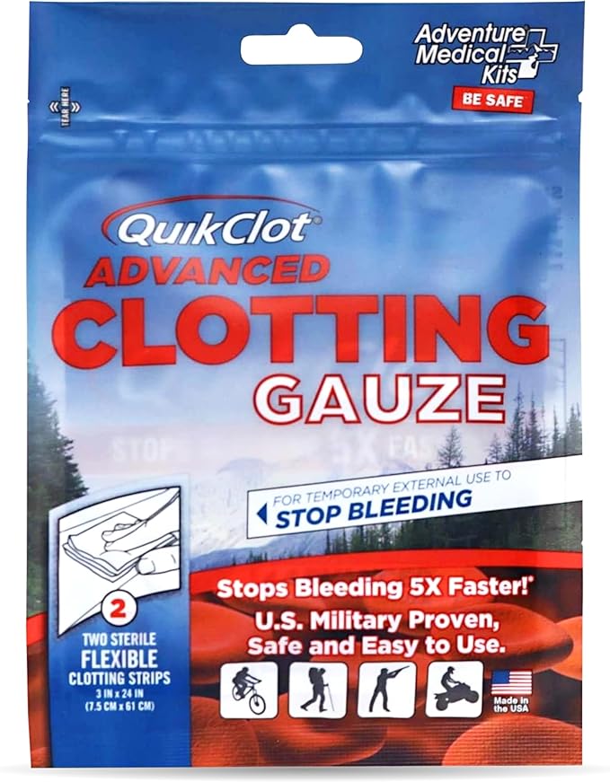 Adventure Medical Kits QuikClot Gauze - for Emergency Survival Kit, Doomsday Prepping Supplies & More - Stops Bleeding Fast with Kaolin - Flexible Hemostatic Medical Gauze - 3" x 24" (2 Strips)