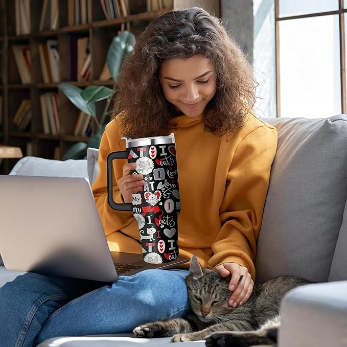 40 Oz Cat Tumbler With Straw and Handle, Double Wall Stainless Steel Coffee Mug, Insulated for Cat Lovers, Mom or Dad Cups Gifts for Women