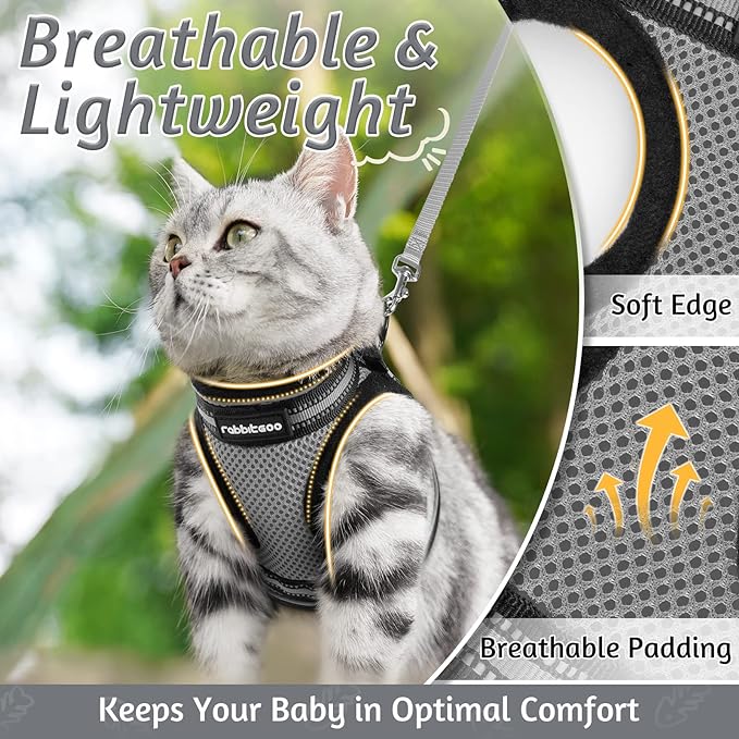 rabbitgoo Cat Harness and Leash Set for Walking Escape Proof, Adjustable Soft Kittens Vest with Reflective Strip for Cats, Comfortable Outdoor Vest, Grey, L