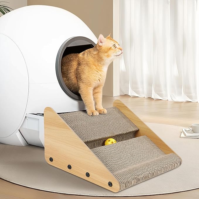 ROYALAY Litter Box Ramp for Elder Cats & Kitten,Corrugated Paper Cat Scratcher Post, Cat Scratching Board with a Ball for Control Cat Litter Suitable for the Second Generation Automatic Cat Litter Box