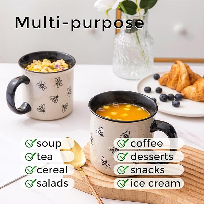 AmorArc 22 OZ Large Ceramic Coffee Mugs, Oversized Soup Cups With Big Handle for Men Women Dad Mom, Big Mug With Textured Bees Patterns for Office & Home -Microwave Safe, 2 Pcs-Black