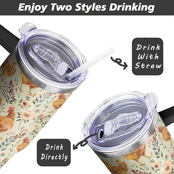 40 Oz Chicken Tumbler with Handle and Straw, Double Wall Stainless Steel Mug, Insulated Rooster Cup Gifts for Chicken Lovers, Travel Mug