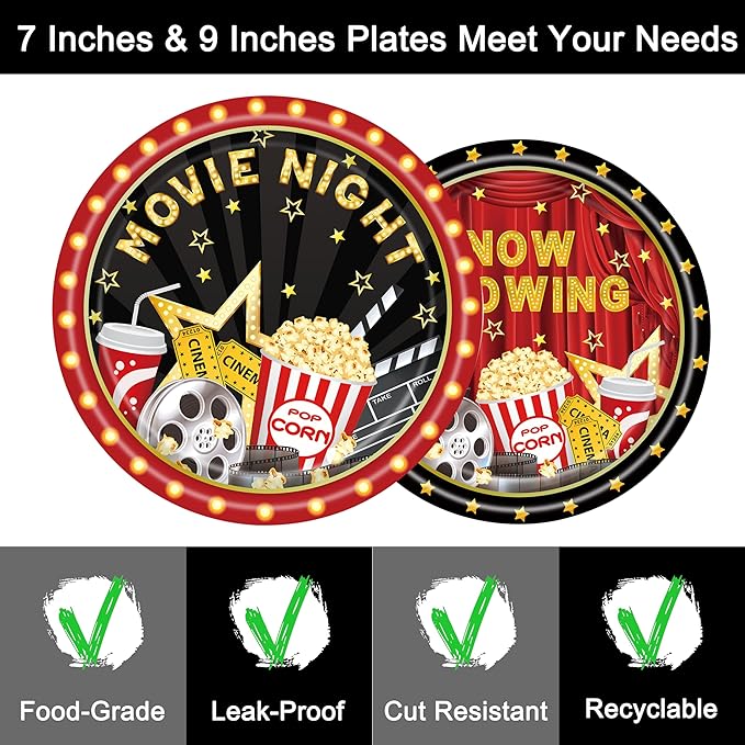 96 Pcs Movie Night Birthday Party Plates Napkins Forks Supplies Paper Tableware Set Disposable Table Movie Night Theme Snack Decoration for 24 Guests