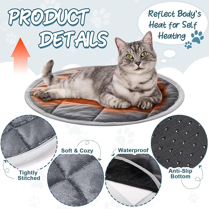 2 Pcs Cat Heating Pad Round 16 Inch Self Heating Cat Mat Washable Heated Cat Bed Anti Slip Cat Warming Pad Pet Bed Mat for Kennel Dog Crate Indoor Outdoor(Gray,16 Inch)