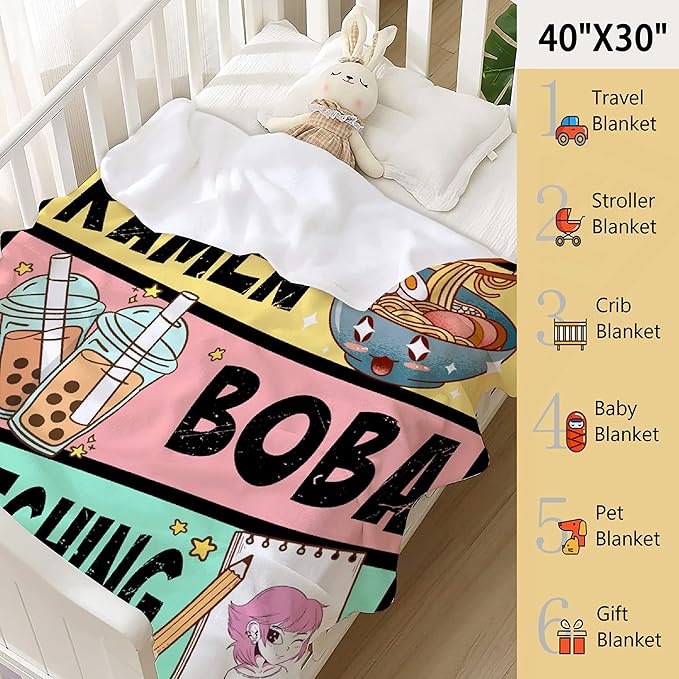 Anime Blanket Gifts for Girls Kawaii Anime Decor for Women Anime Ramen Boba Sketching Flannel Blanket Anime Lover Stuff, Luxurious Warm and Cozy for XL 90X120 Inch Amazing for Family
