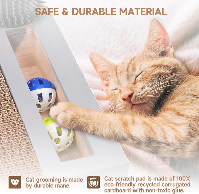 Cat Scratching Post with Cat Tower Tree and Cats Arch Self Groomer Massager Brush Kitty Ball Toys for Kittens,Cat Posts and Scratchers for Indoor Pets,Interactive Toy with Ball Track Spring Ball…