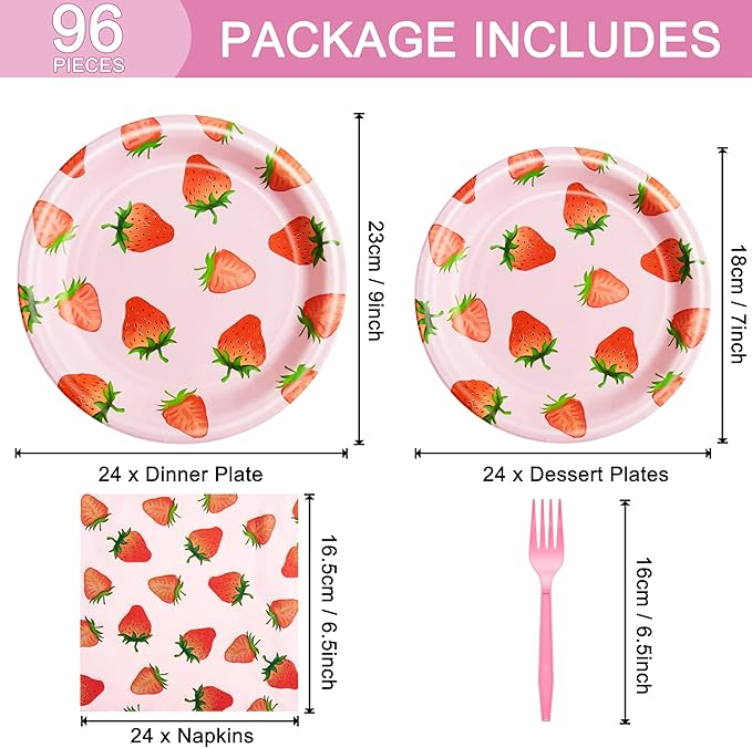 96 Pcs Strawberry Birthday Party Plates Napkins Forks Supplies Summer Fruit Tableware Set Disposable Strawberry Theme Decoration for Girls, Serves 24 Guests