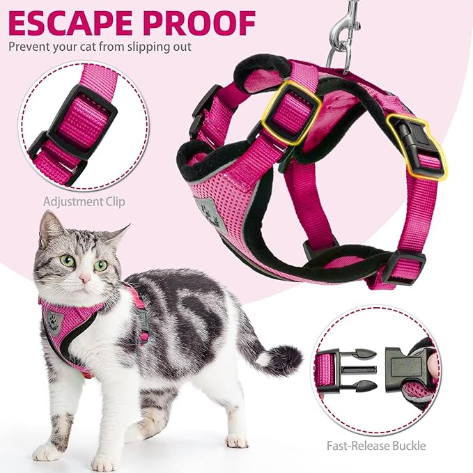 PUPTECK Cat Harness and Leash Set Escape Proof Reflective Cat Walking Harness Adjustable Soft Breathable Mesh Vest for Small Pets, Deep Pink, S