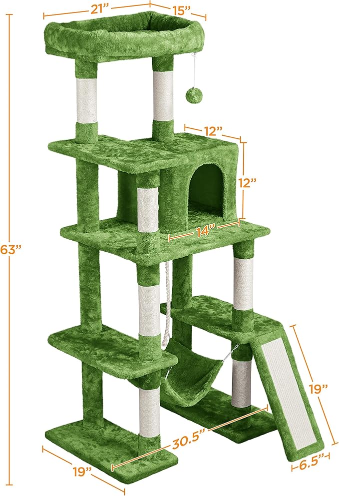 Yaheetech Cat Tree Cat Tower, 63in Multi-Level Cat Tree for Indoor Cats, Tall Cat Tree w/Sisal-Covered Scratching Posts & Condo, Cat Furniture Activity Center for Cats Kitten, Green