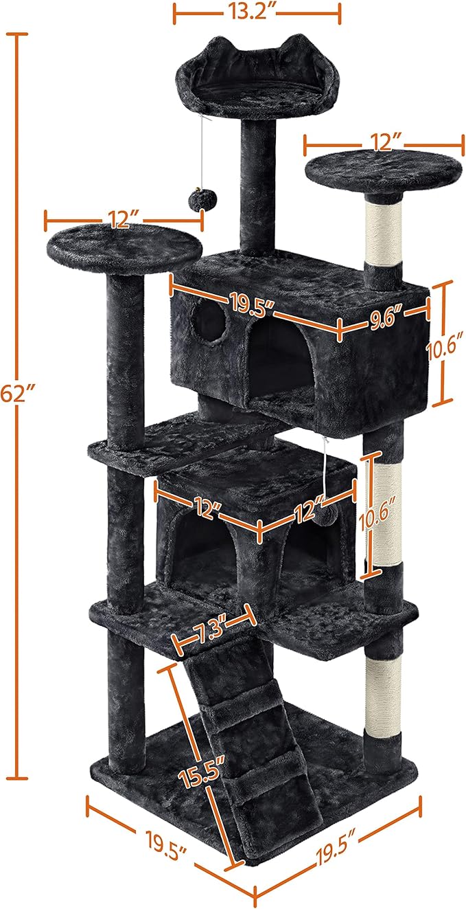 Yaheetech 62in Cat Tree Cat Tower for Indoor Cats, Cat Furniture w/Double Cat Condo, Scratching Posts, Multiple Platforms and Balls for Kittens & Cats, Black