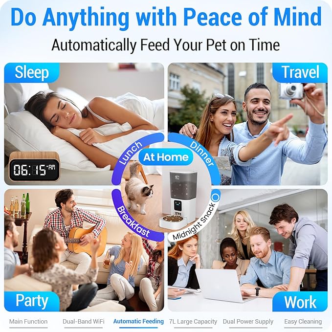 5G WiFi Automatic Cat Feeder with Wall Hook: Automatic Dog Feeder with 7L Large Food Storage Container, Cat Food Dispenser with Alexa for Multiple Pets, Detachable for Easy Clean -29 Cup