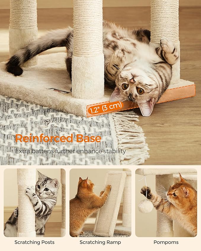 Feandrea Cat Tower, Cat Tree for Indoor Cats, 45.3-Inch Cat Condo with Scratching Post, Ramp, Perch, Spacious Cat Cave, for Kittens, Elderly Cats, Adult Cats, Small Space, Beige UPCT141M01