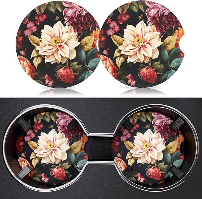 2 Pack Car Cup Holder Coasters, 2.63 inch Anti Slip Insert Absorbent Ceramic Coasters with Cork Base and Finger Notch, Cute Car Accessories Interior for Women
