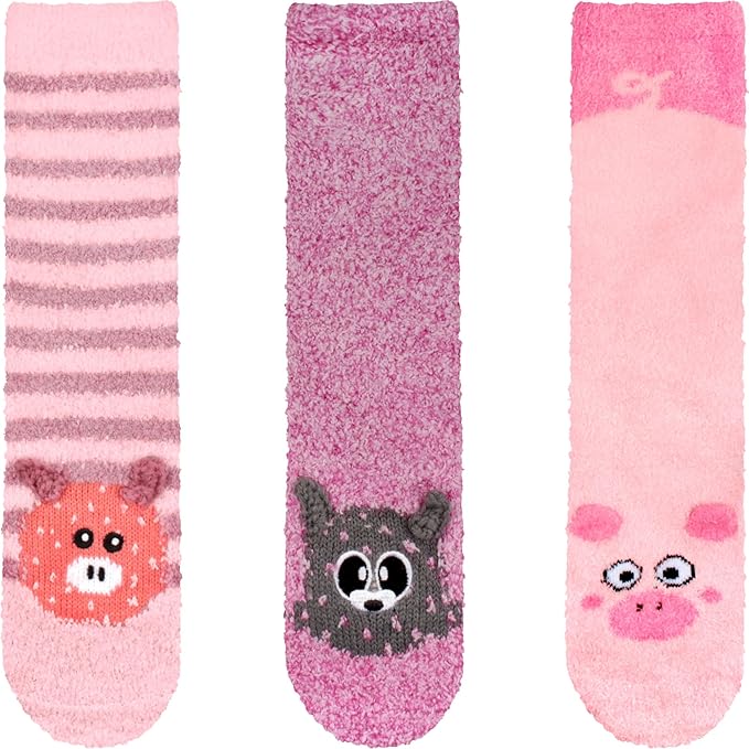 BambooMN Super Soft Warm Cute Animal Face Non-Slip Fuzzy Crew Winter Home Socks, Value Pack