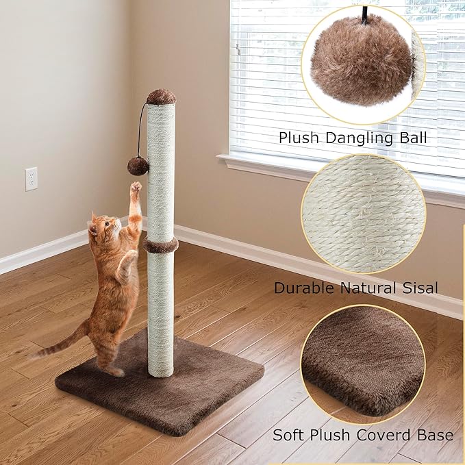 Dimaka 29" Height Tall Cat Scratching Post, Claw Scratcher with Sisal Rope and Covered with Soft Smooth Plush, Vertical Scratch [Full Strectch] for Standard Size Cats (Dark Brown, 29 inches)