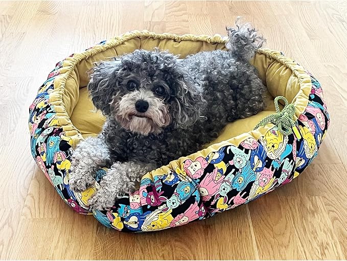 Dog Beds for Small Dogs - Round Cat Beds for Indoor Cats, Washable Pet Bed for Puppy and Kitten with Lovely Cartoon Pattern, 20 Inches,Citrine