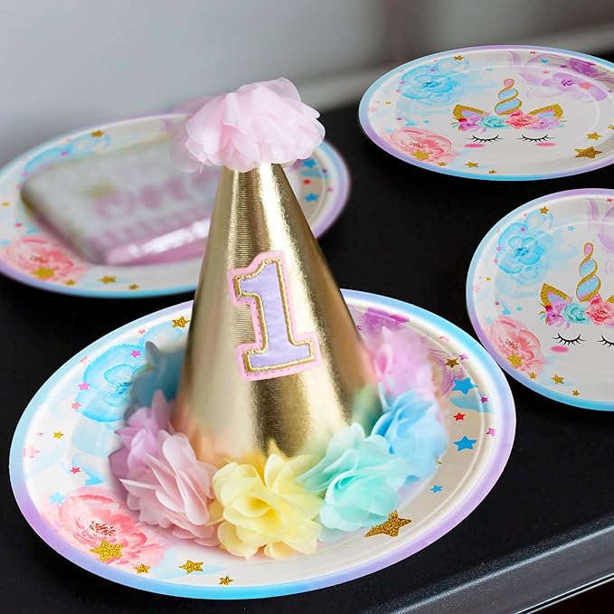 96 Pcs Birthday Party Supplies Rainbow Horned Horse Plates Napkins Forks Tableware Set Disposable Decorations for Girl Birthday Party, Serves 24 Guests