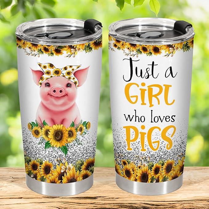 34HD Just A Girl Who Loves Pigs Tumbler with Lid, 20oz Stainless Steel Vacuum Insulated Animal Cup, Farm Animal Gifts for Women Girls Sister Daughter, Pig Birthday Gifts
