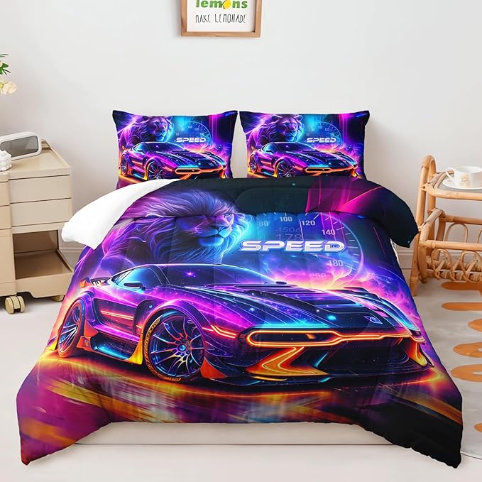 AILONEN Boys Kids Racing Car Bedding Set Full Size,Neon Speed Car & Lion Comforter with 2 Pillowcases,3 Pieces Soft Lightweight Racer Duvet Set