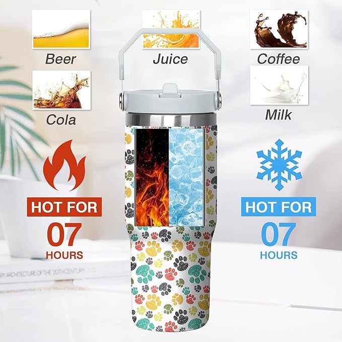 30 Oz Paw Print Tumbler with Handle and Straw, Insulated Paw Print Coffee Mug, Double Wall Stainless Steel Cat Paw Cup, Cat Mom Mug or Cat Dad Mug, 30 Oz Leak Proof Cat Paw Mug for Women Gifts