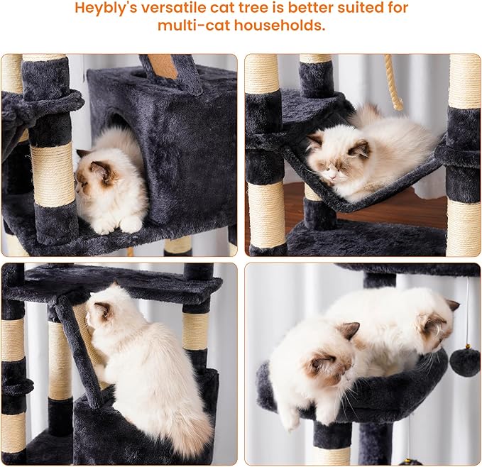 Heybly Cat Tree, 68 inch Multi-Level Cat Tower for Indoor Cats, 2 Widened Plush Perches Cat Condo with Scratching Board and Big Caves, Smoky Gray HCT025G