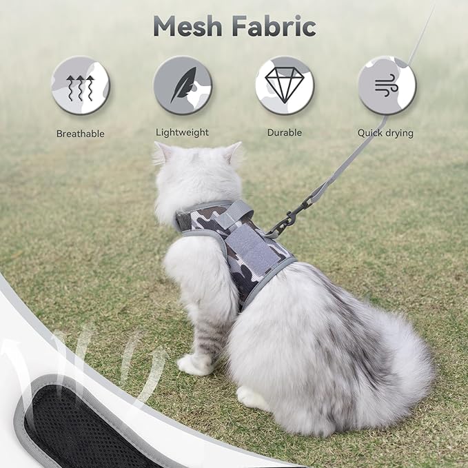 Tactical Cat Harness and Leash for Walking Escape Proof Breathable Mesh Fabric, City Camo, Large, Adjustable Cat Walking Jackets, Padded Stylish Cat Vest