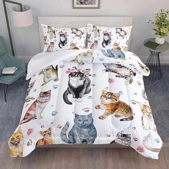 AILONEN Watercolor Cat Print Bedding Set Full Size with Cats and Footprints Comforter Set for Boys Girls, Soft Breathable White Tint Duvet Set 3 Pieces, 1 Quilt and 2 Pillowcases