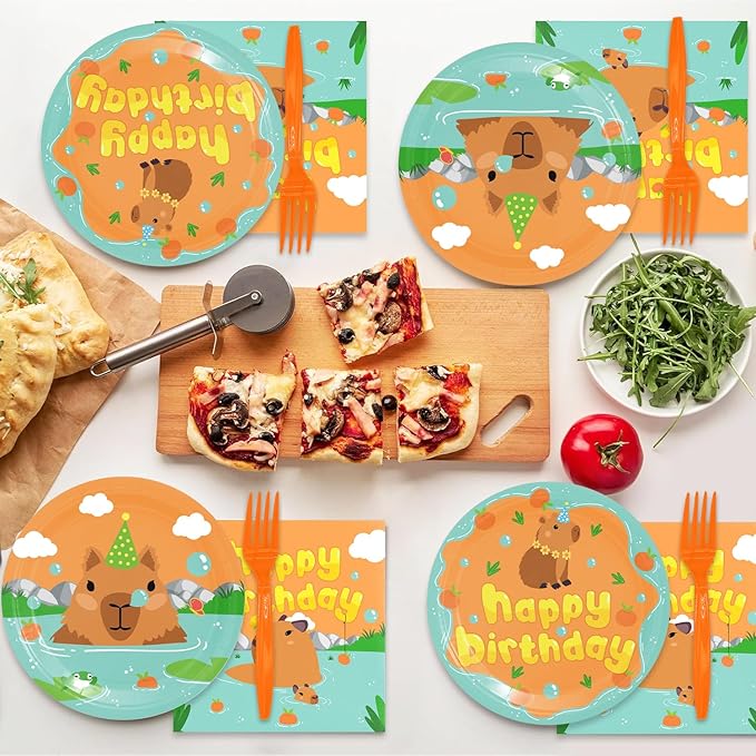 48Pcs Kapybara Birthday Party Supplies Cartoon Animal Theme Tableware Set Plates and Napkins Forks Serves 16 Guests Cute Capy Baby Shower Birthday Party Decorations