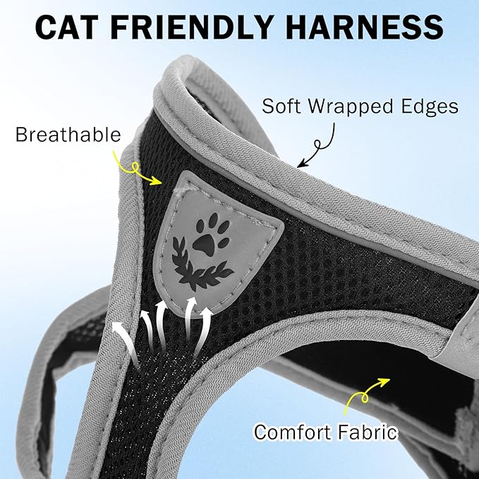 SCENEREAL Cat Harness and Leash Set Escape Proof, Adjustable Soft Air Mesh Kitten Harnesses for Girls Boys Small Medium Big Cats, Reflective Light Travel Pet Walking Vest for Puppy Rabbit, Black S