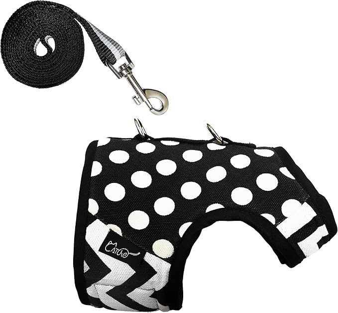 Cat Harness and Leash for Walking Escape Proof, Adjustable Cat Vest Harness, Padded Stylish Cat Walking Jackets, Polka Dot Black, Small