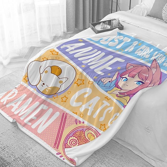 Anime Blanket Gifts for Girls Kawaii Anime Decor for Women Just A Girl Who Loves Anime Cats and Ramen Flannel Blanket Anime Lover Stuff, Luxurious Warm and Cozy for S 40X50 Inch for Kids/Child