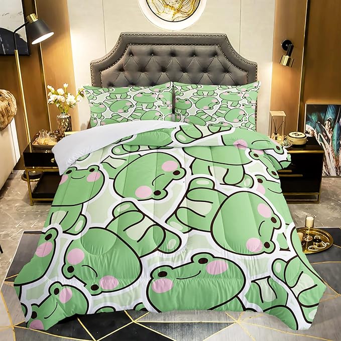 AILONEN Frog Comforter Set, Cartoon Frog Bed in a Bag Bedding Set Full Size,Quilted Duvet for Teens Boys Kids Girls,1 Comforter 2 Pillowcases 3 Piece